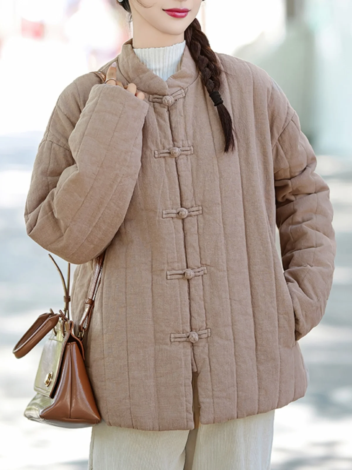 

Женское зимнее хлопковое пальто-жакет однотонного цвета в стиле дзен, на пуговицах, с хлопковой подкладкой, льняное, с длинными рукавами, воротником-стойкой, в традиционном китайском стиле