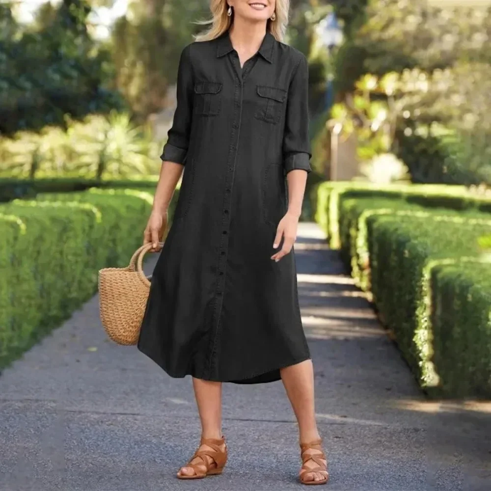 Letnia damska sukienka Plus Size Casual Denim Pocket Loose Long Dress Elegant Lapel Short Sleeved Solid Color Casual Long Dress