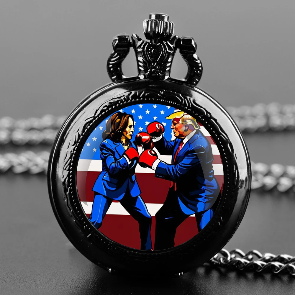 Trump Battle Funny Design Glass Dome Quartz Pocket Watch with Durable Chain Arabic Numeral Dial for Men and Women Creative Gifts