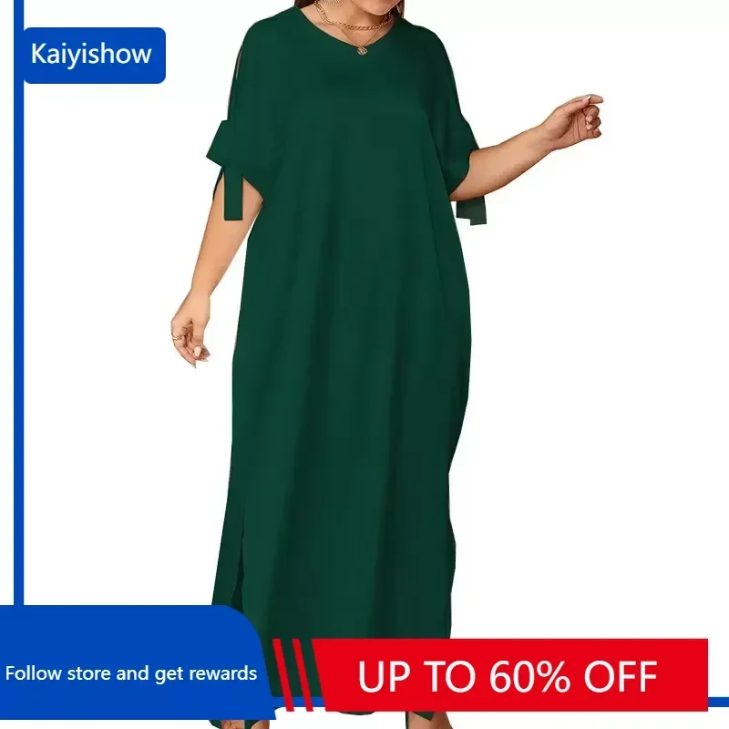 

Solid Color Elegant Kaftan Maxi Dresses African Woman Abaya Kimono Boubou Summer Casual Robe Short Sleeve Cover Up BeachWear