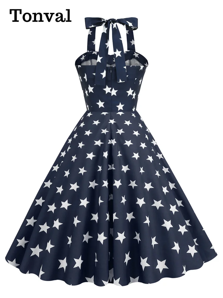 Tonval Halter Neck Star Print 50s Robe Summer Fit and Flare Swing Dress 2022 Women Evening Party Sexy Backless Vintage Clothes