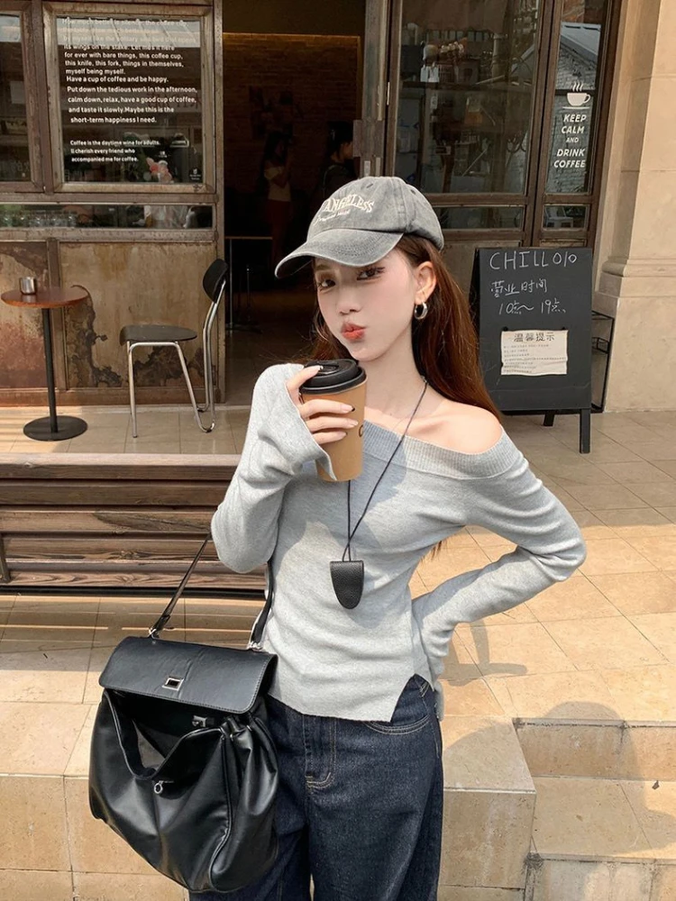 

Pullovers Sexy Women Off Shoulder Cropped Knitted Basic Clothes Autumn All-match Side Slit Simple Tender Slim Gentle Seductive