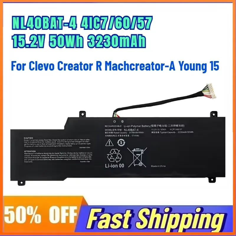

NL40BAT-4 4IC7/60/57 15.2V 50Wh 3230mAh Laptop Battery for Clevo Creator R Machcreator-A Young 15 Replace Rechargeable