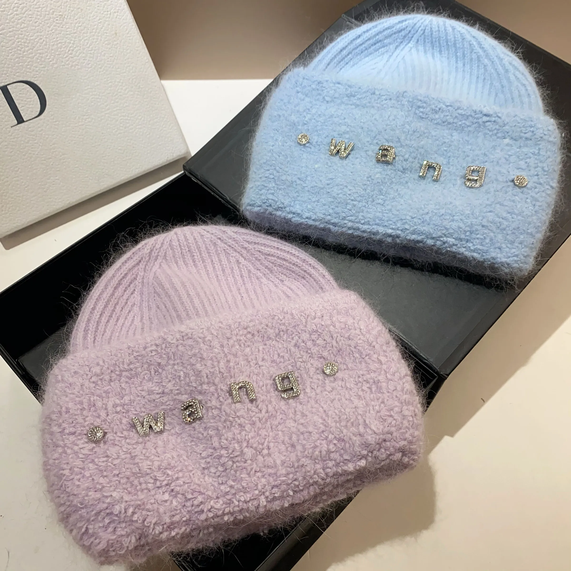 Rhinestone letters new rabbit fur knitted hat winter Nordic cold warmth thickened double fold circle plush ear protection hat