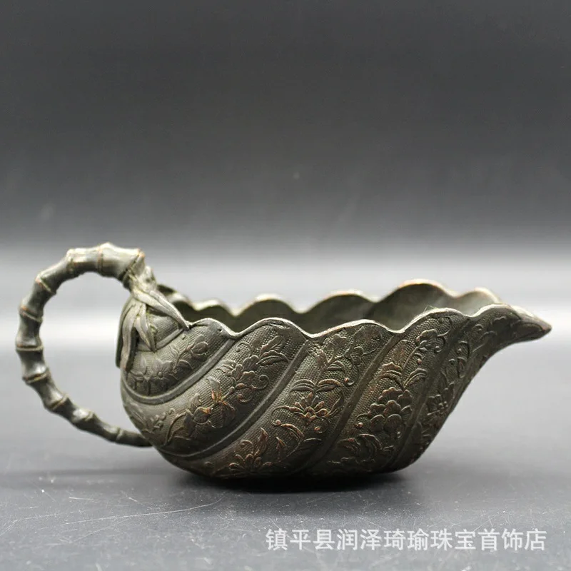 

Antique Miscellaneous Collection Black Coated Bamboo Bowl Leaf Cup Ornaments Home Craft Copper Ornaments