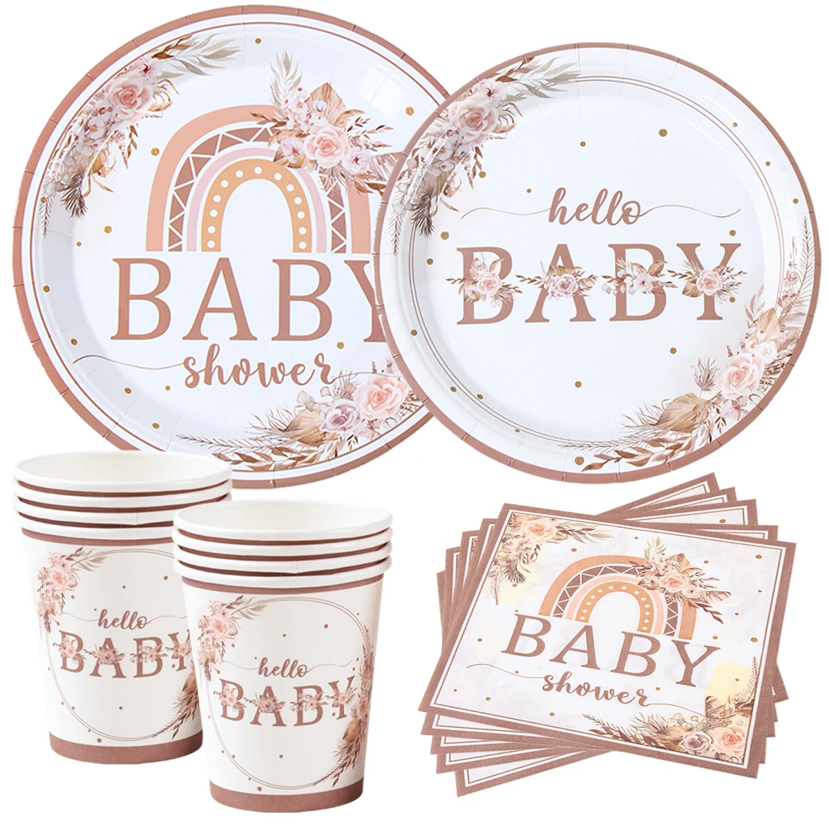 8 Gäste Babyparty Einweggeschirr Blumenparty Dekoration Kind Pappteller Tassen Servietten Geschlecht offenbaren Partyzubehör