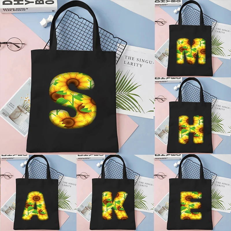 Sunflower 26 Alphabet Tote Bag Women Plant Aesthetics Y2K Canvas Fashion Shoulder Commuter Bag Teen Shopping Handbags