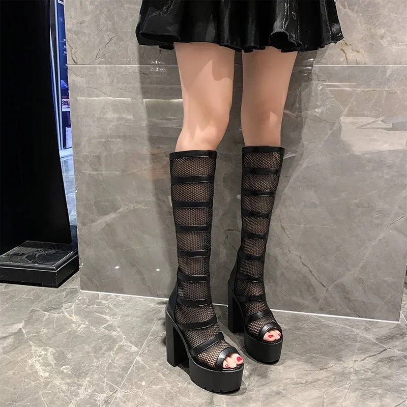 Black White Super High Heels Hollow Mesh Sandals Boots Women Summer Versatiule Peep Toe Thick Heel Platform High Tube Boots view 2