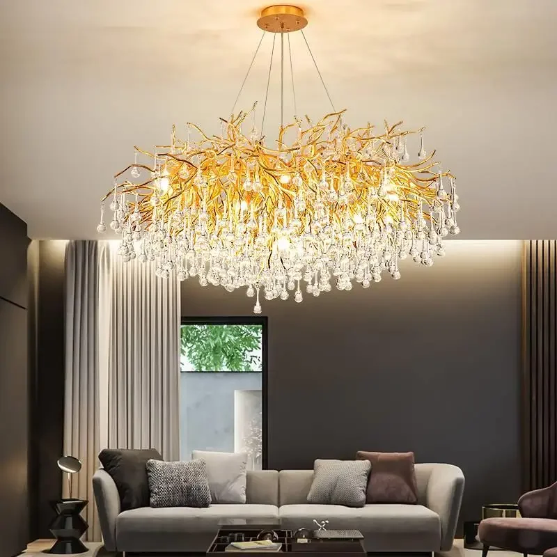 Nieuwe Gouden Kristallen Plafond Kroonluchters Voor Eetkamer Woonkamer Slaapkamer Luxe Boomtak Kroonluchter Hanglamp Decor Glans