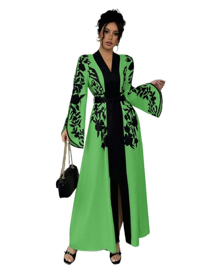 

2026 new women's V-neck flared sleeve long robe women's long cardigan printed lace up dress abaya