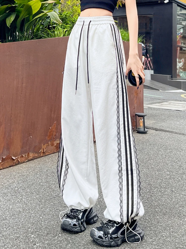 Bla Ice Silk Qui Dry Pantaloni sportivi Donna Estate Sottile pizzo a righe Bianco Allentato gamba dritta Pantaloni casual Street Sle Hi...