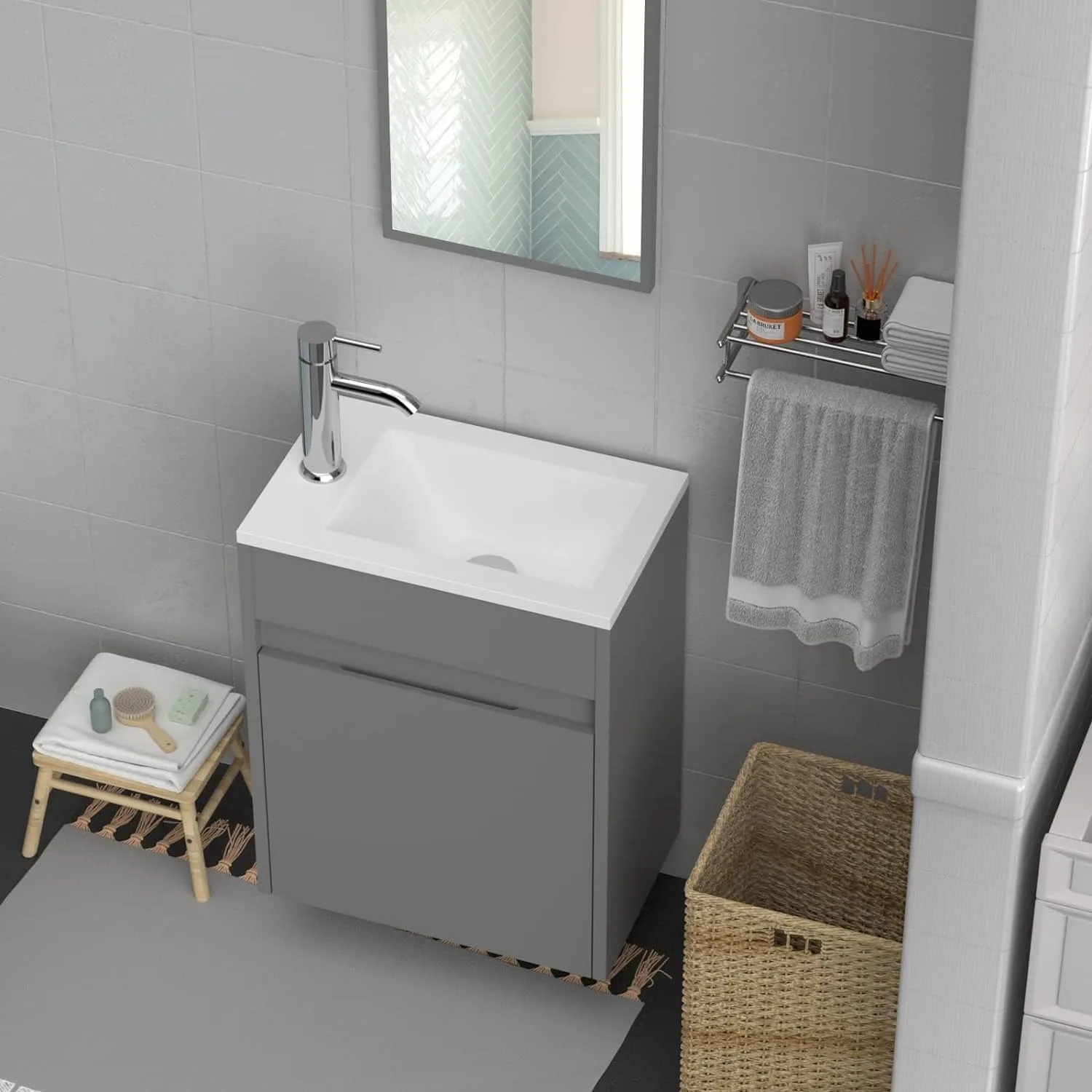 Combinazione di lavabo da bagno piccolo da 16", mobiletto galleggiante a parete verniciato con piano per lavabo in resina, rubinetto cromato per risparmiare acqua ﻿