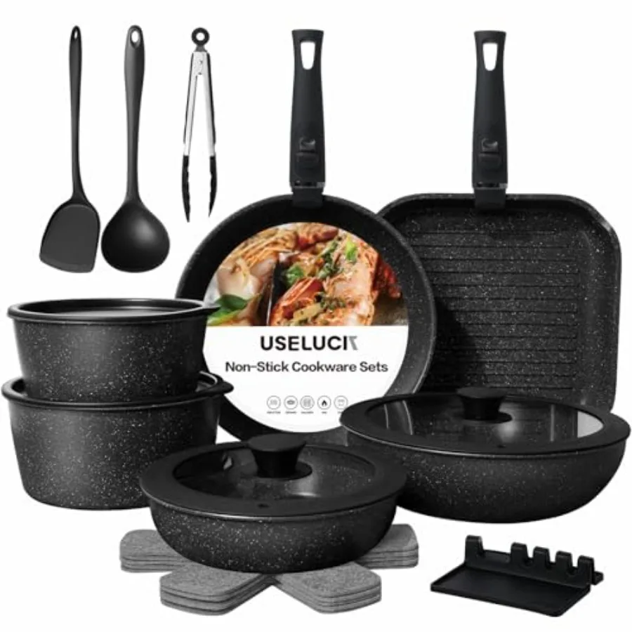 

Pots and Pans Set Non Stick Ceramic Cookware 21 PCS Granite Induction RV Kitchen Portable Stackable Cooking Set with Removable