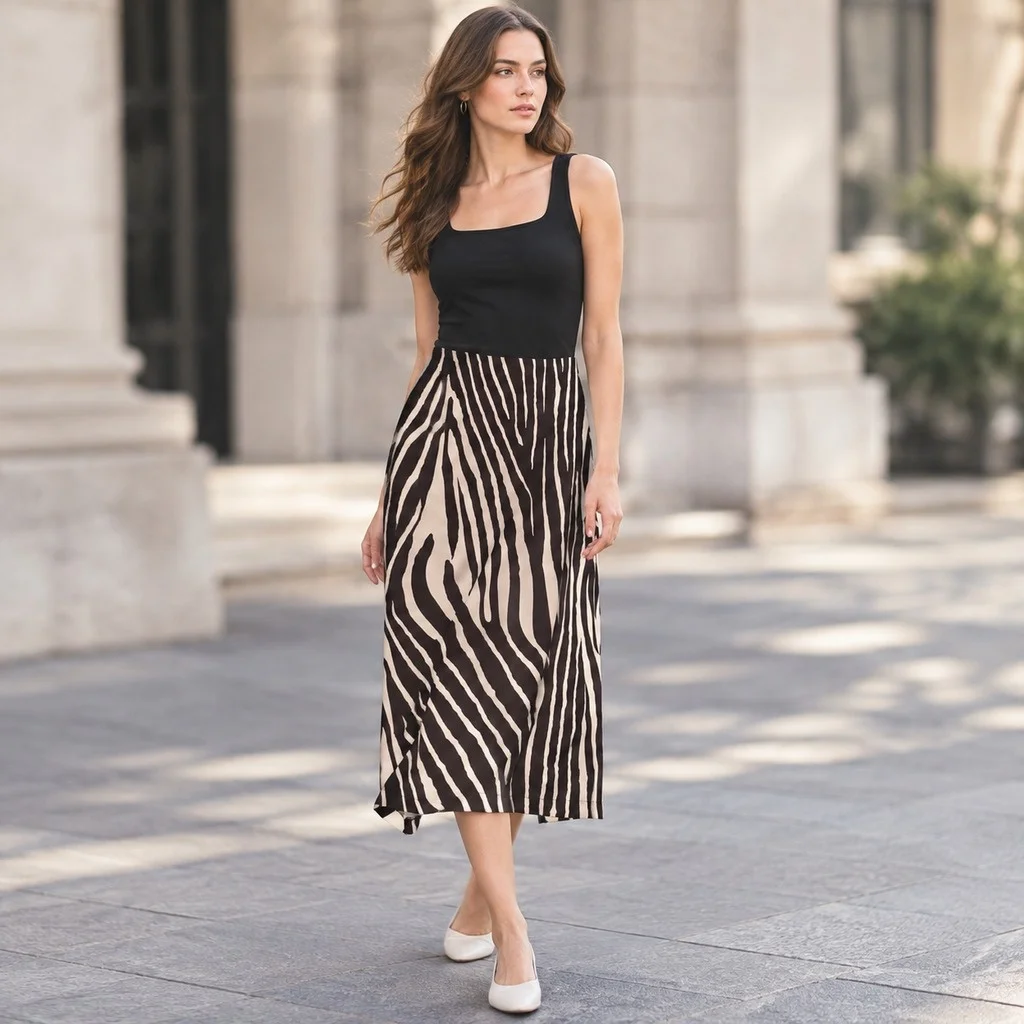 Printed Split Hem Skirt Three Quarter Length Urban with Mid Length Individualistic Street Micro Elastic Autumn Women Skirts