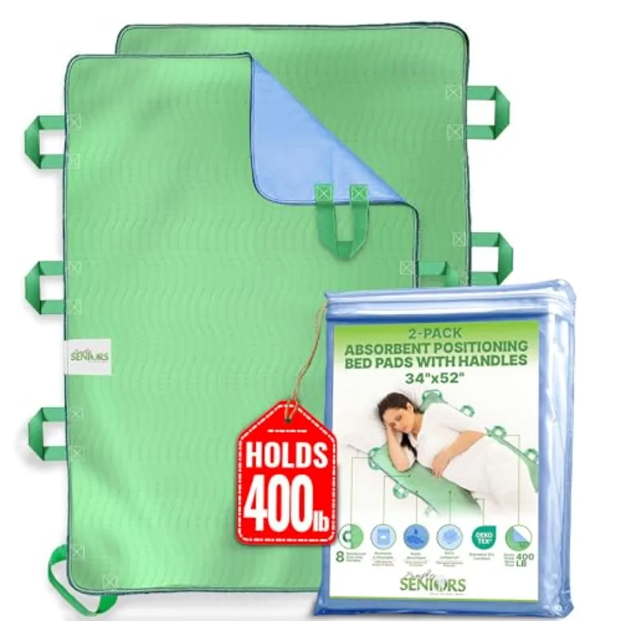 

Absorbent Positioning Bed Pads for Elderly with 8 Handles 34"x52"- 2 Pack of Washable Waterproof Incontinence Draw Sheets - Reu