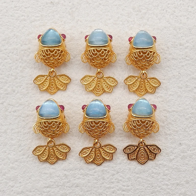 New Arrival! 1Pair Silver Gold Plated Natural Blue Aquamarine Gemstone Carving Koi Fish Earring Beads, Jewelry DlY Making