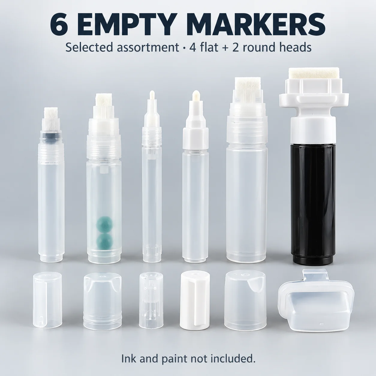 6 Empty Markers, Store Selected Four Flat and Two Round Head Assortment