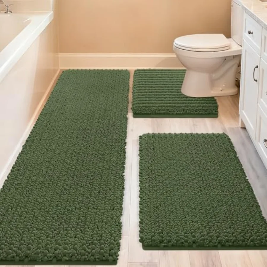 

Upgrade Extra Large Oliver Green Bathroom Rug Set 3 Pieces Ultra Soft Thick Absorbent Bath Mats Non Slip Chenille Toilet Mat fo