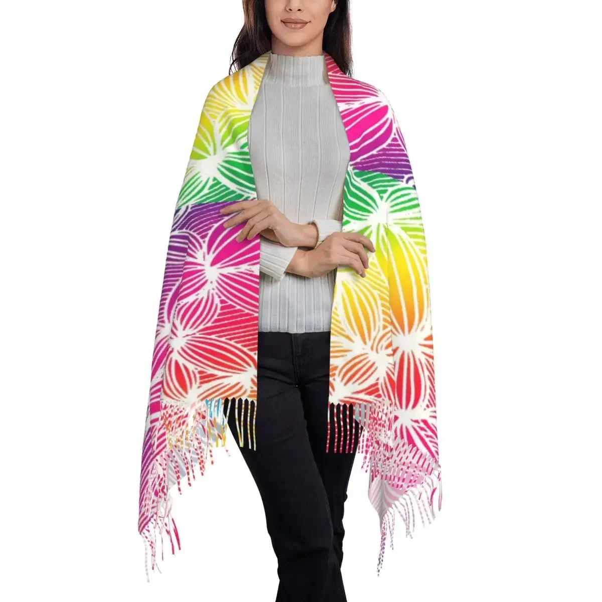 Curve Print Scarf with Long Tassel Rainbow Lines Warm Shawl Wrap Ladies Printed Scarves Wraps Winter Retro Bufanda