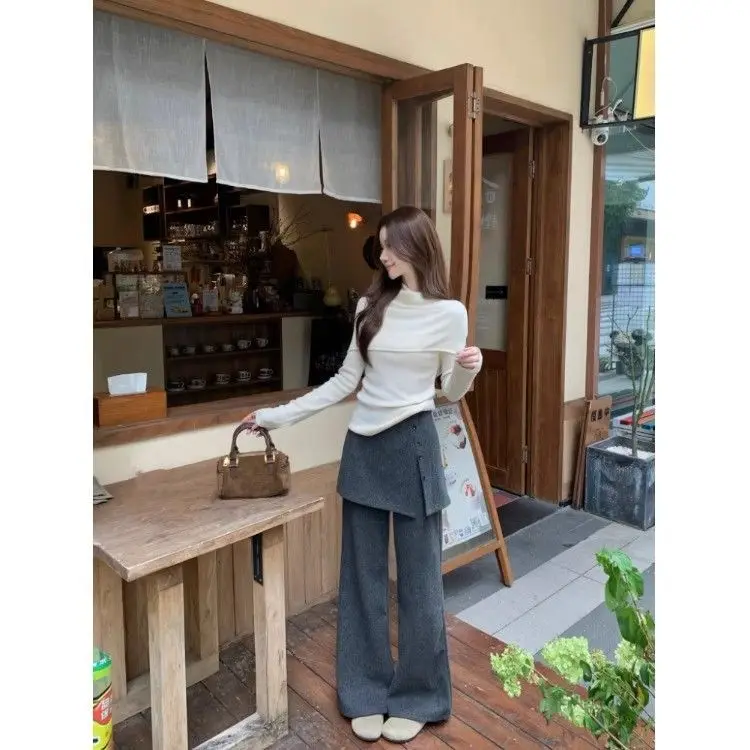 Faionable Koreaanse Sle Deep ey patchwork casual broek dames herfst winter losse veelzijdige wijde pijpen broek trendy