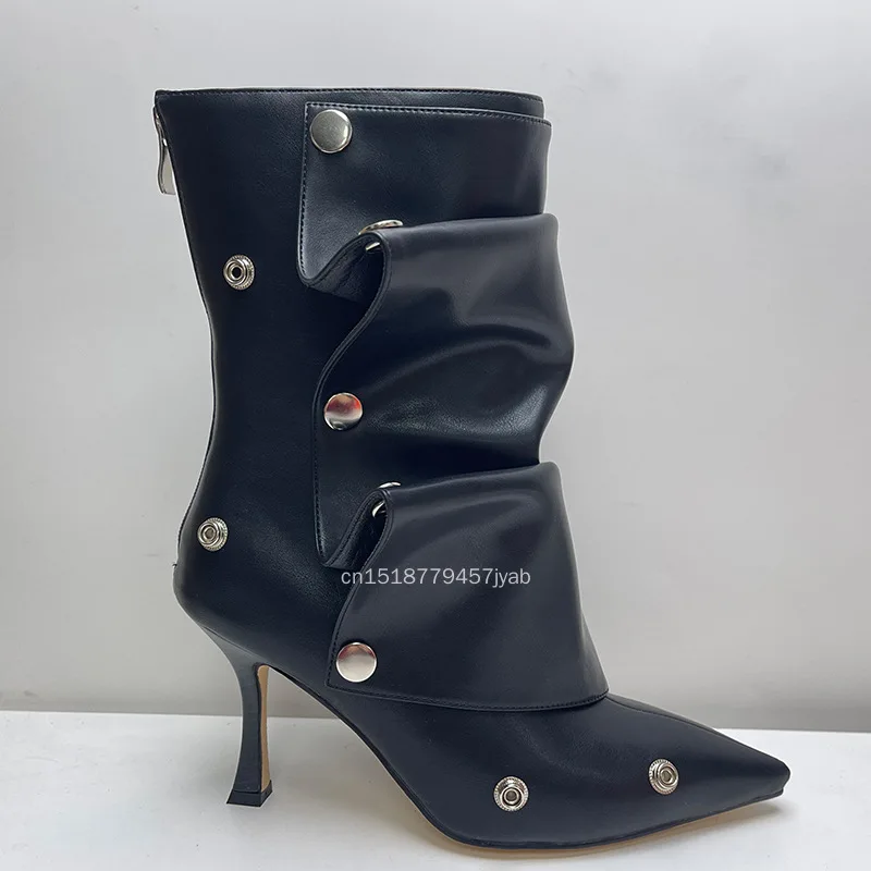 

Классические женские туфли на высоком каблуке с острым носком, с заклепками и молнией, однотонные, 2026 (Botas Altas)