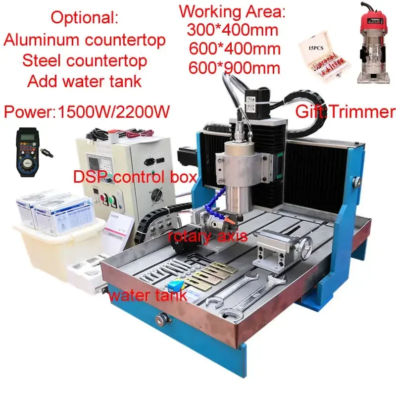 2.2KW CNC Engraver Machine 6090 DSP Control Box CNC 6040 Hobby Desktop Engraving Drilling Milling Aluminum Machine with Trimmer