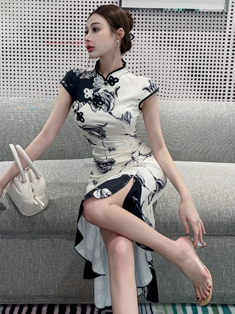 チャイナドレス-花柄のノースリーブドレス,伝統的なイブニングドレス,セクシーなqipao,中国のヴィンテージ,2022
