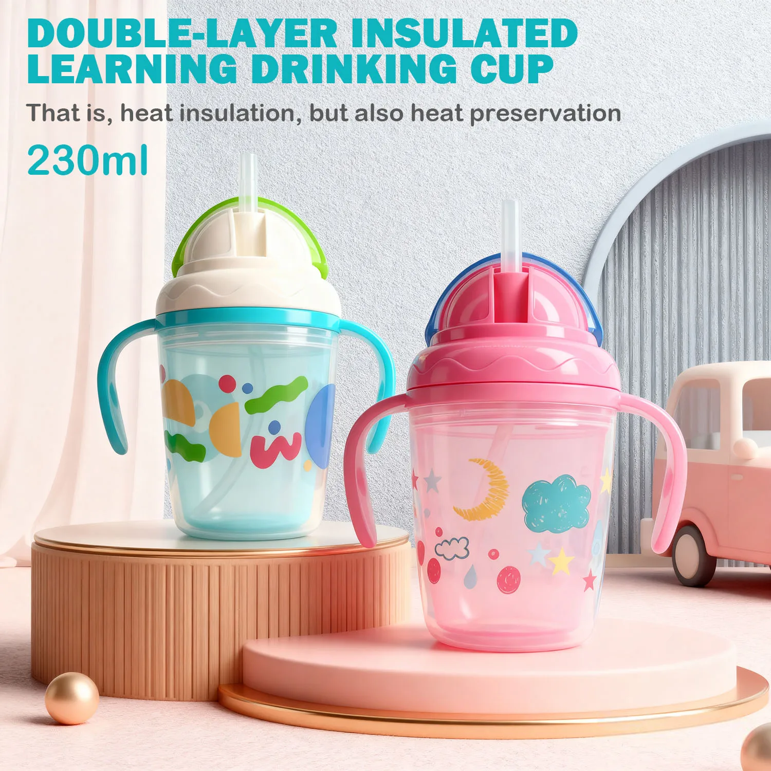 1 قطعة كوب شرب مضاد للحرق بطبقة مزدوجة ، كوب مشروبات بقشة للأطفال 230 مللي ، كوب ماء للطلاب ، هدية عيد الميلاد #2