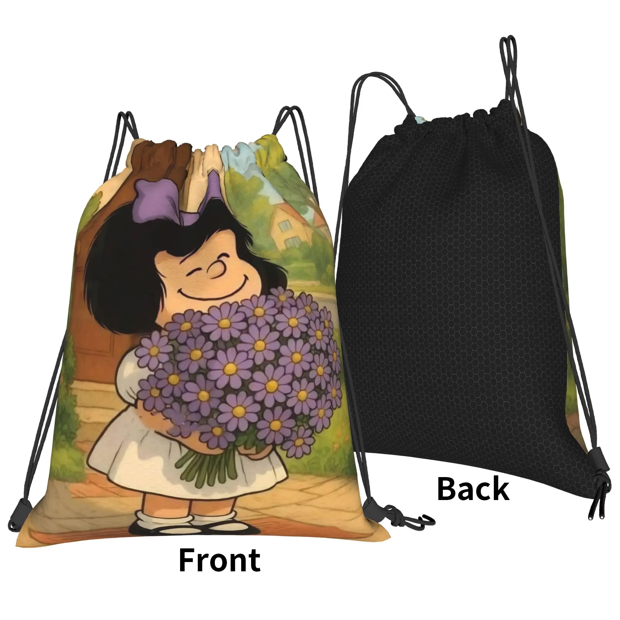 Mafaldas Flowers Anime Drawstring Backpack Sports Gym Bag Water Resistant  String Sackpack for Yoga 36cm (W) x 43cm (H)