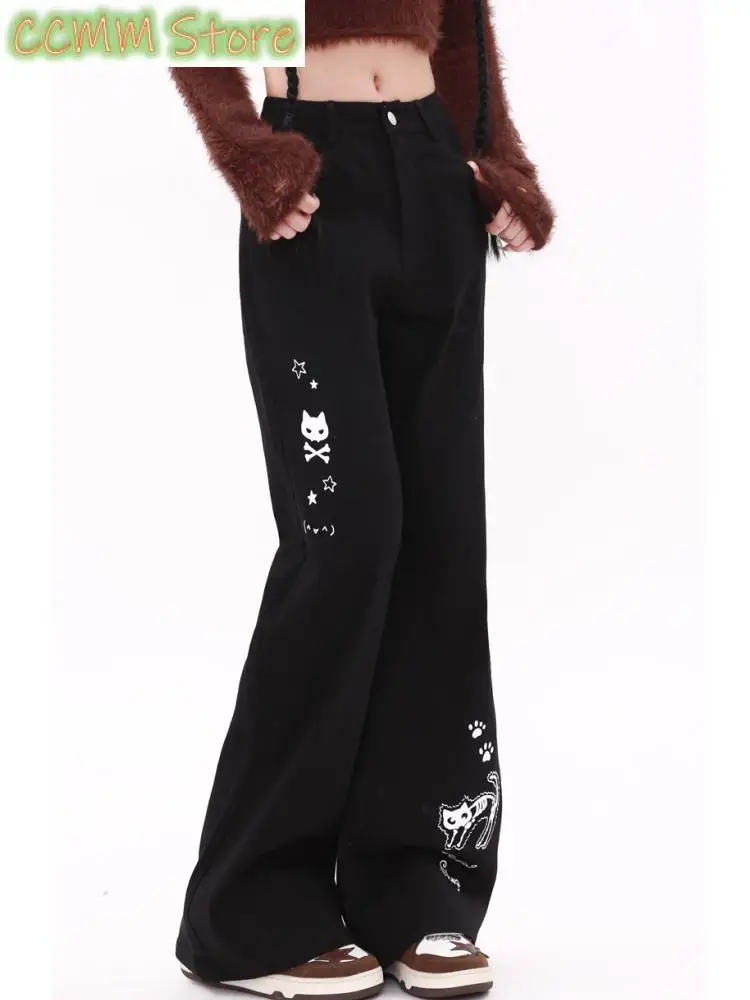 

Women's Black Cartoon Cat Pattern Micro Flared Jeans Cool Girl Wide Leg Streetwear Trouser Female Casual Denim Pants