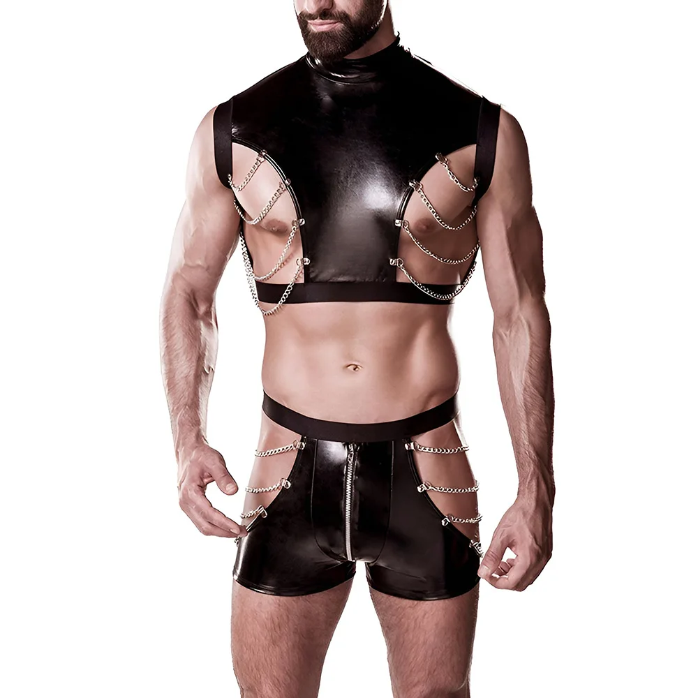 

1129 Men Halloween Party Costume Faux Leather Suit with Chain Detail Latex Style Club Performance Outfit Role Play Adult Cosplay