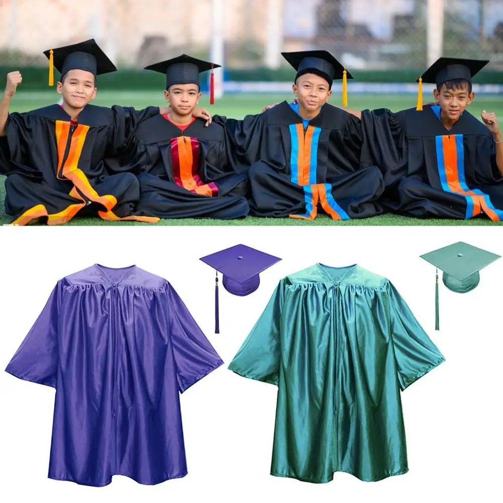 1 Set Unisex Children Graduation Robe Hat Set Zipper Loose Tassel Kindergarten Graduation Ceremony Gown Cap Tassel Set