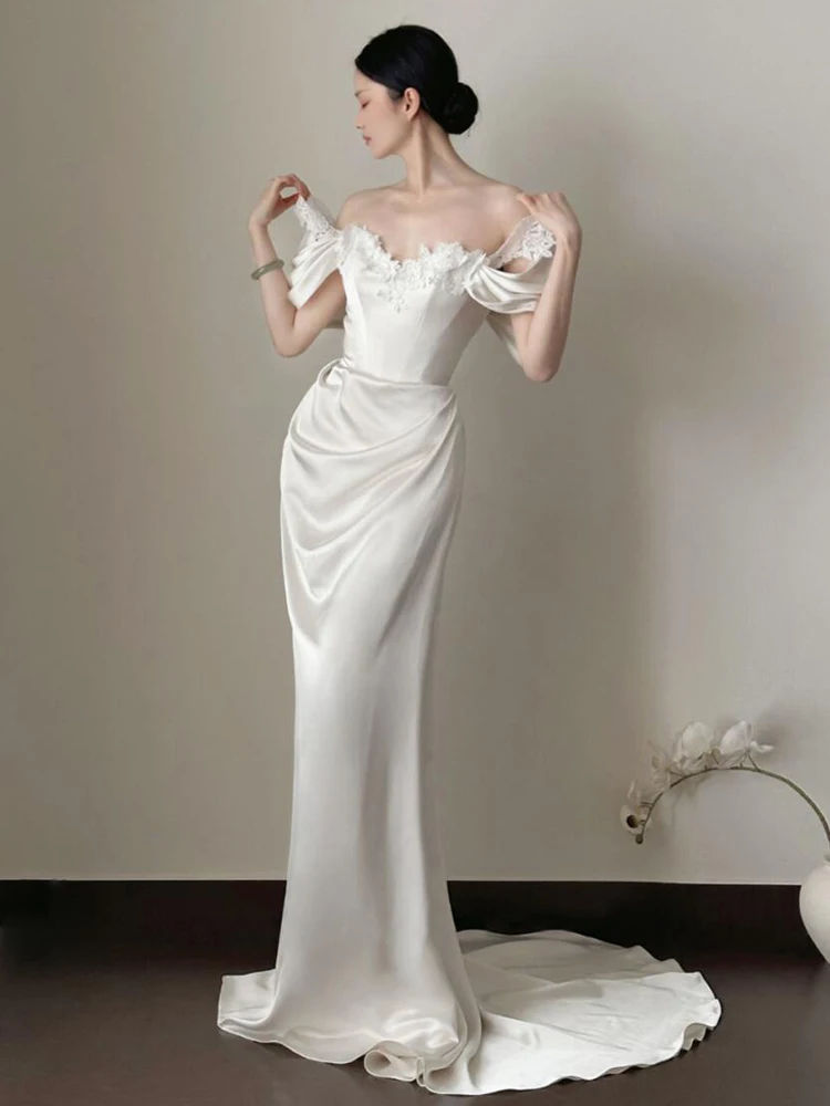 

Элегантное свадебное платье с открытыми плечами из атласа, длинное, в пол, для встреч с гостями, для отеля, для летних мероприятий на открытом воздухе