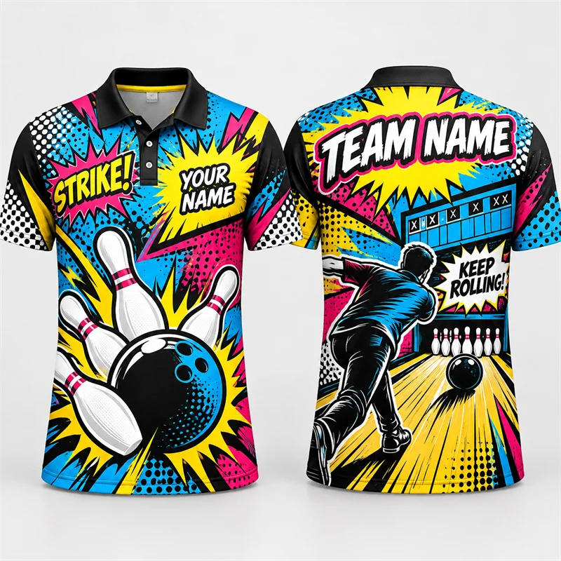 Personalized Bowling Polo Shirt Custom Name Team Name Strike Print Short Sleeve Jersey League Tournament Sports Uniform Top