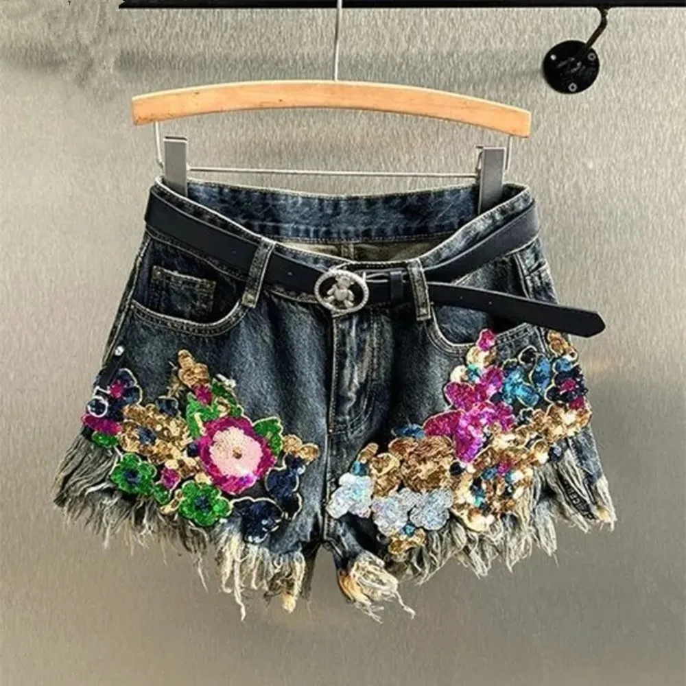 Trend Pailletten Blumen Grate Loch Denim Shorts Damen Vintage hohe Taille weites Bein kurze Jeans weiblich 2024 Frühling neu