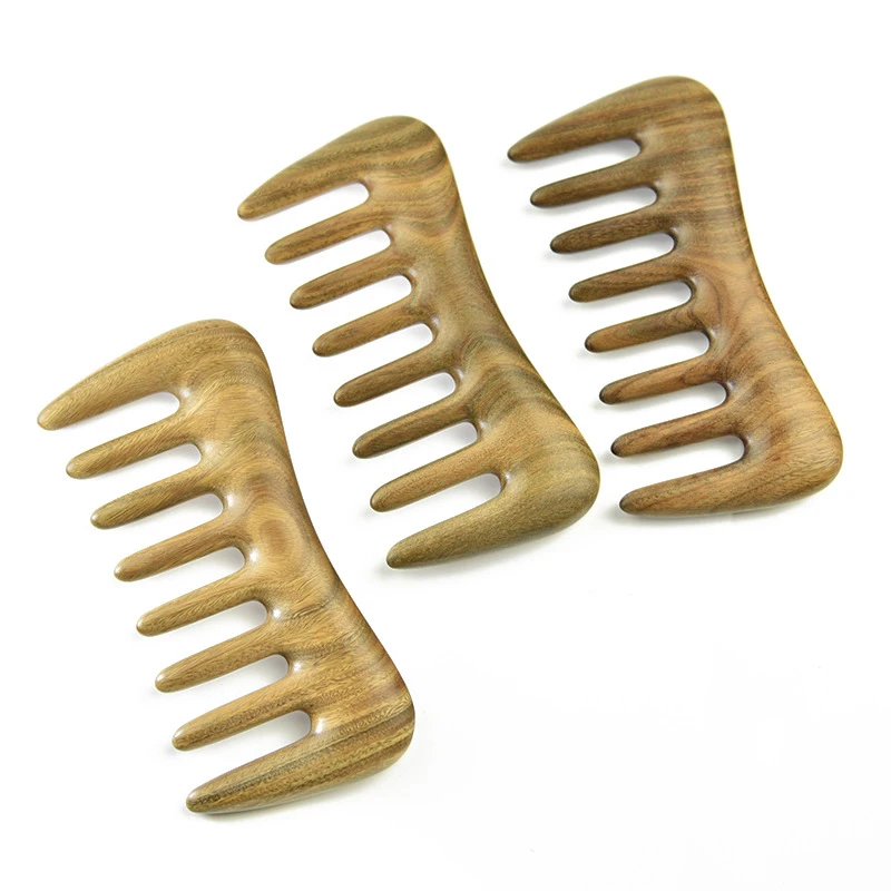 مشط شعر واسع الأسنان لفك تشابك الشعر ، والخشب الطبيعي ، والشعر المجعد ، لا خشب الصندل ثابت ، واختيار الشعر