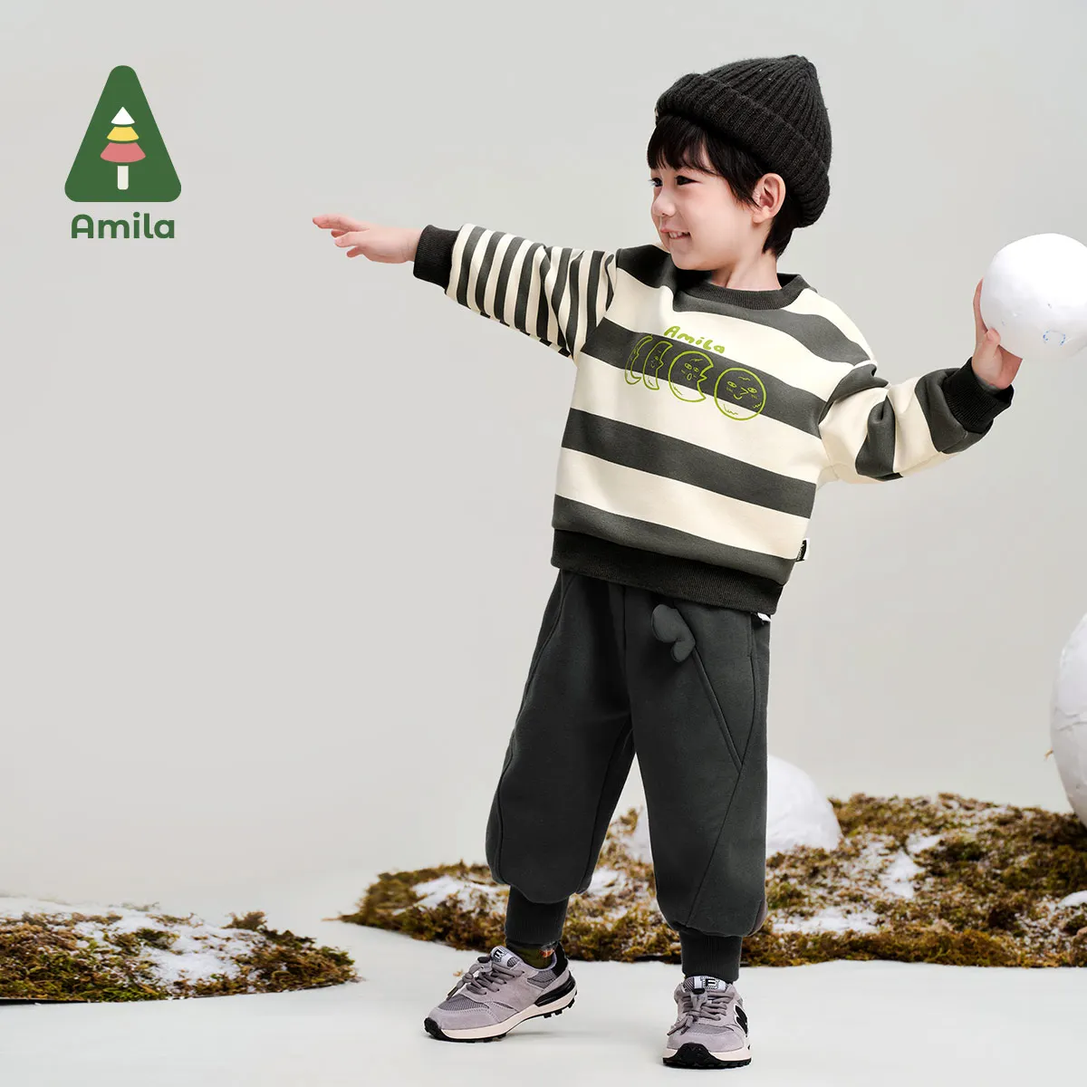 Amila Baby Sweatshirt 2024 Winter New High Quality Boys And Girls Striped Plus Velvet Warm Skin-Friendly Loose Children’s Tops