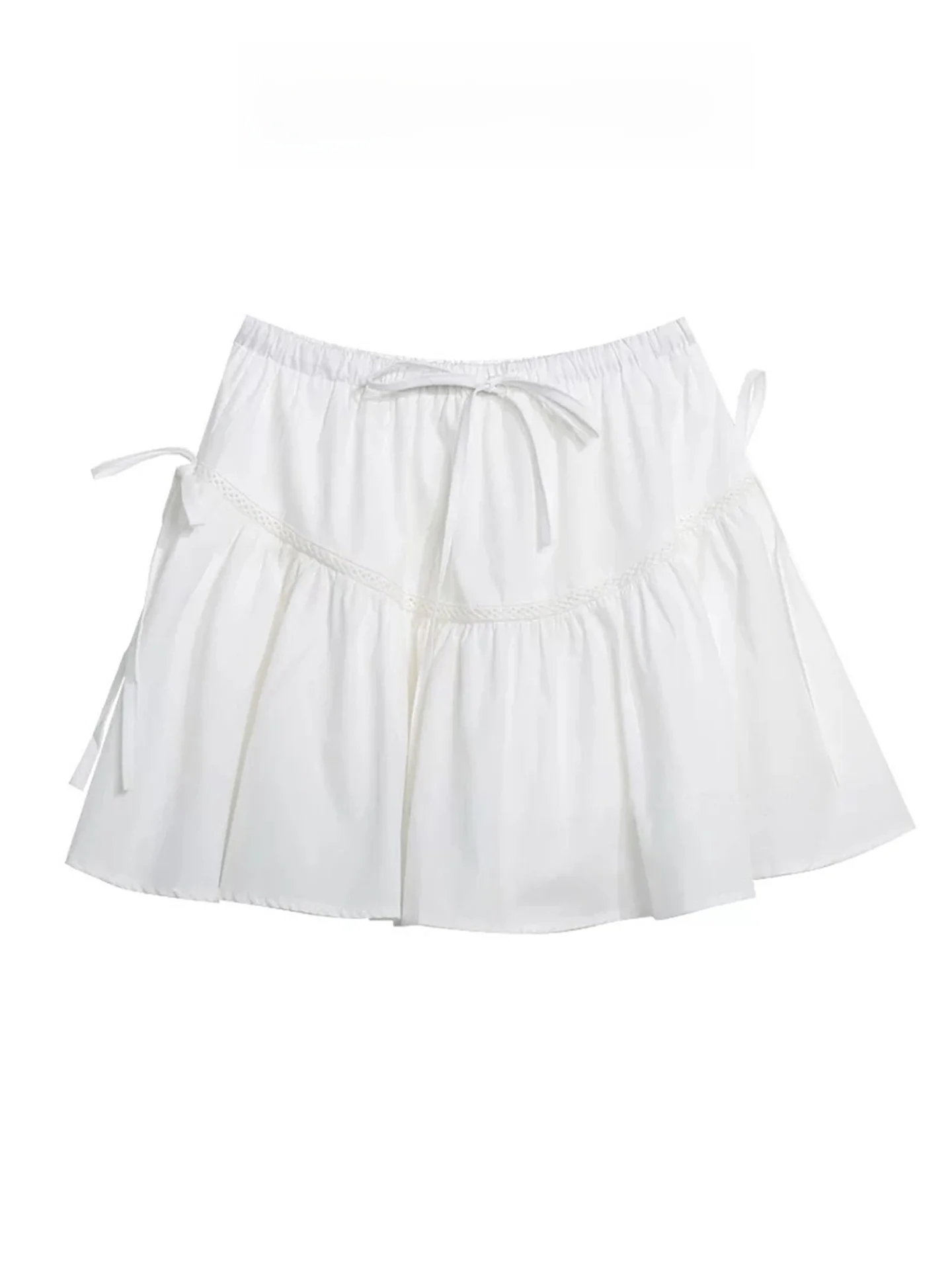 

Sweet Hollow Knot White A-Line Skirt Women Spring Summer Cloud Fluffy Short Skirt High Waist Commute Style