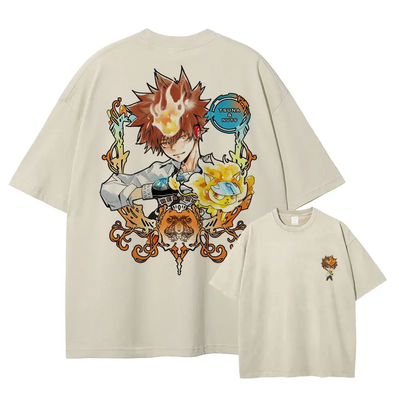 

Anime Reborn T Shirt Tsunayoshi Lambo Hibari Hayato Kyouya Manga Vintage Washed Tops Tees Oversized Short Sleeve T-shirt Men