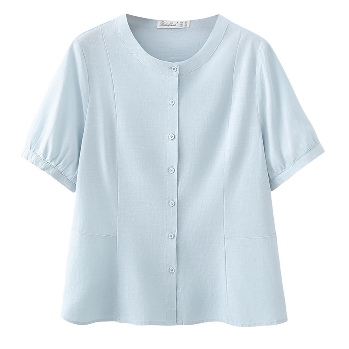 

2026 Summer Plus Size Cotton Open Blouse Round Neck Short Sleeve Simple Versatile Daily Shirt Curvy Ladies 2612