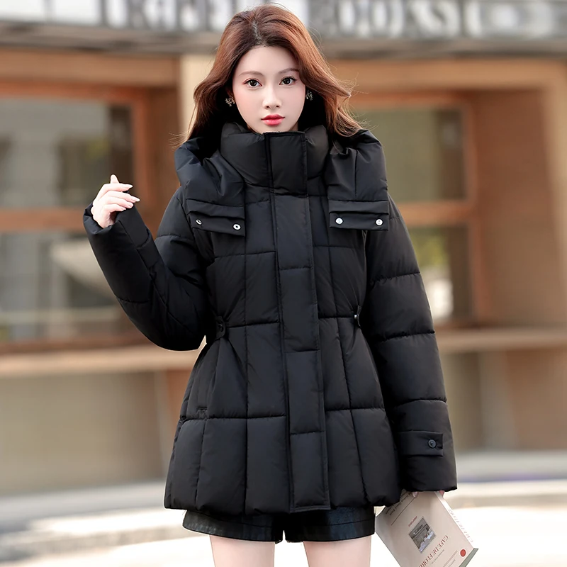 معطف شتوي نسائي كوري بحزام من القطن من Thened بتأثير التخسيس، متوسط الطول، مقاس صغير، معطف مبطن بالقطن