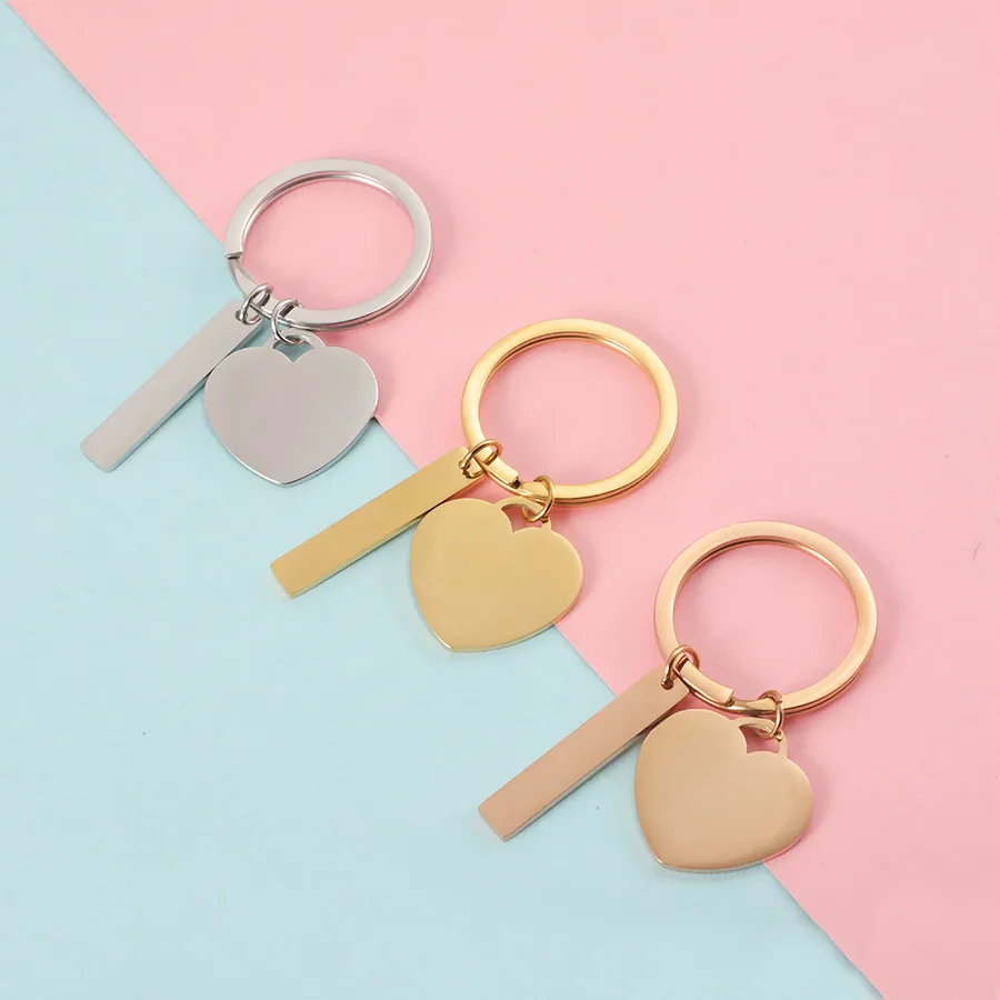 10Pcs/Lot Mirror Polish Stainless Steel Heart Bar Key Chain Key Ring For DIY Women Men Jewelry Making Gifts