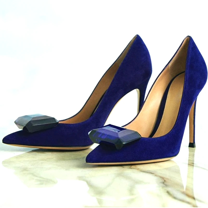 

Bling Big Square Rhinestone High Heels Pumps Pointed Toe Stiletto Purple Green Suede Women Diamond Crystal Wedding Shoes