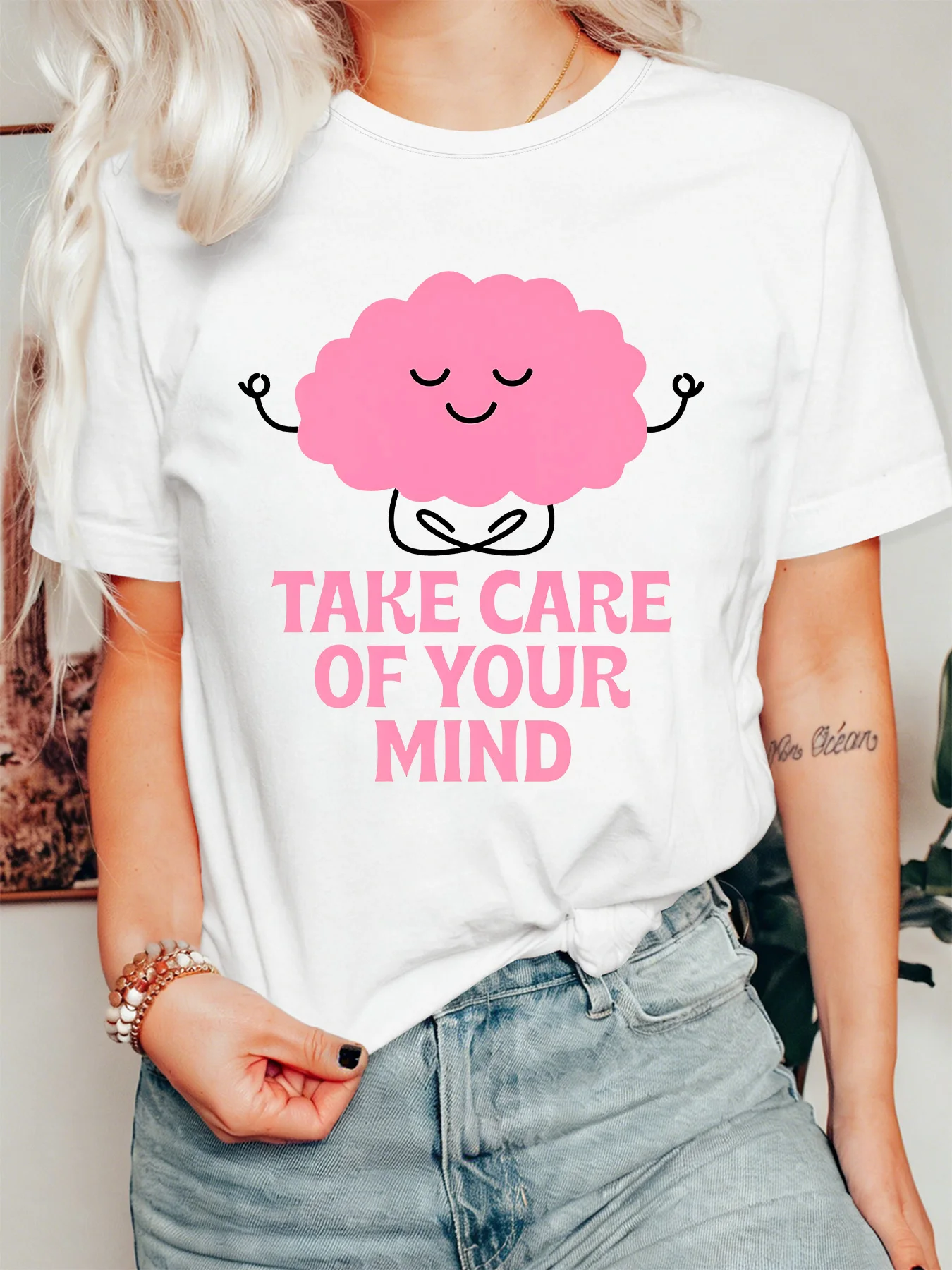 Take Care Of Your Mind Womens T Shirt Meditating Brain Mental Health Graphic Tee Short Sleeve Casual Daily Street Ladies Tops