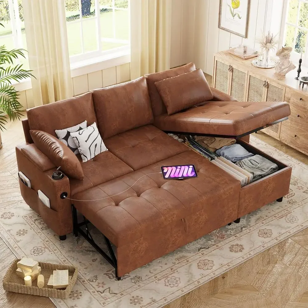 

3-in-1 Convertible Couch with Storage, Reversible Chaise, Leather Sofa Bed, USB & Cup Holders, Brown