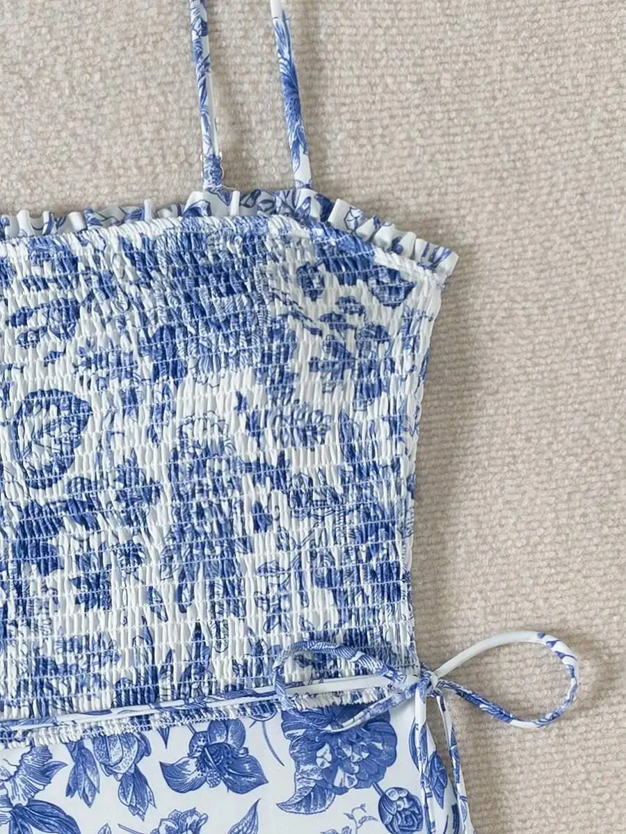 

Blue And White Floral Print Smocked Backless One-Piece Swimsuit For Women Adjustable Straps