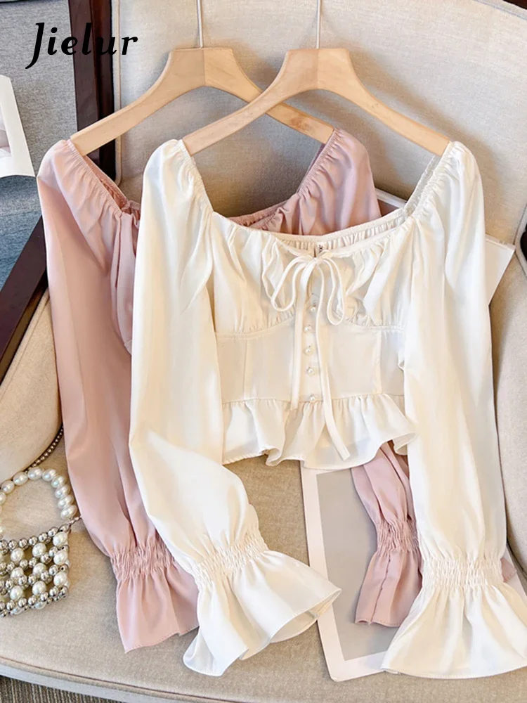 Jielur Summer New French Solid Color Women Blouse Sweet Elegant Slim Waist Blouse Woman Beige White Pink Slim Long-Sleeved Top