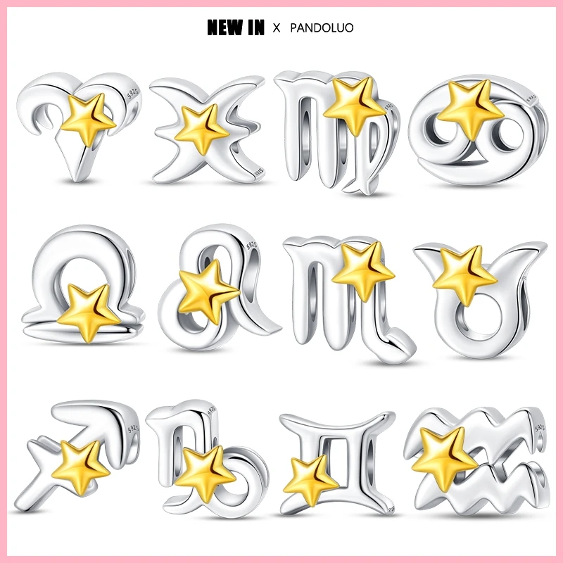 

2024 New 925 Sterling Silver Charms Golden12 Constellations Beads Fit Pandora Original Bracelets DIY Birthday Jewelry Gifts Hot