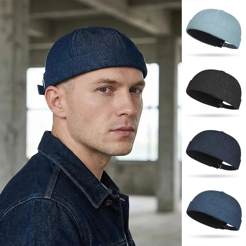 

Fashion Solid Color Denim Beanie Hats Adjustable Breathable Docker Cap Dome Melon Cap
