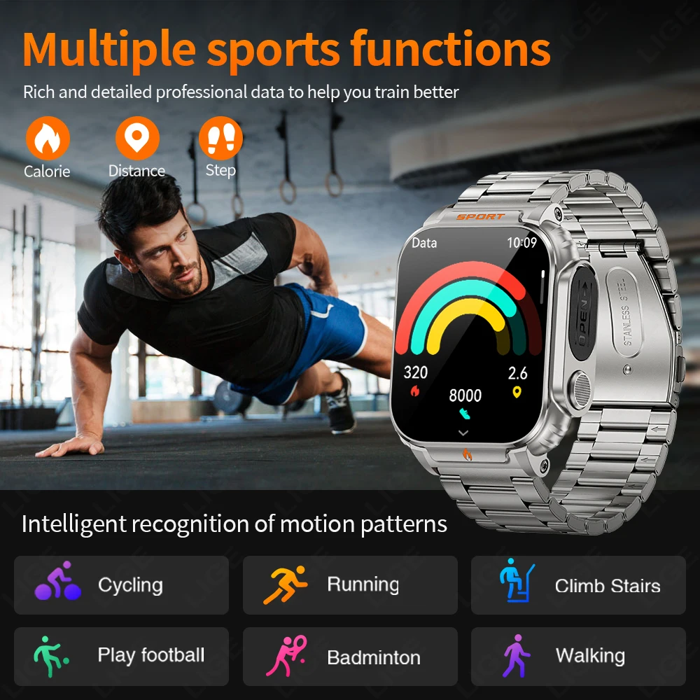 LIGE Smart Watch Heart Rate Monitoring Sports Modes Bluetooth Call SMS Reminder 500mAh Multi-functional Smart Watch For Men